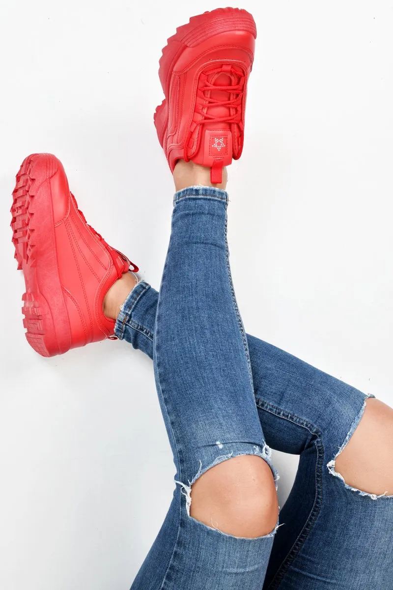 Red PU Lace Up Sole Detail Trainers - Lennix