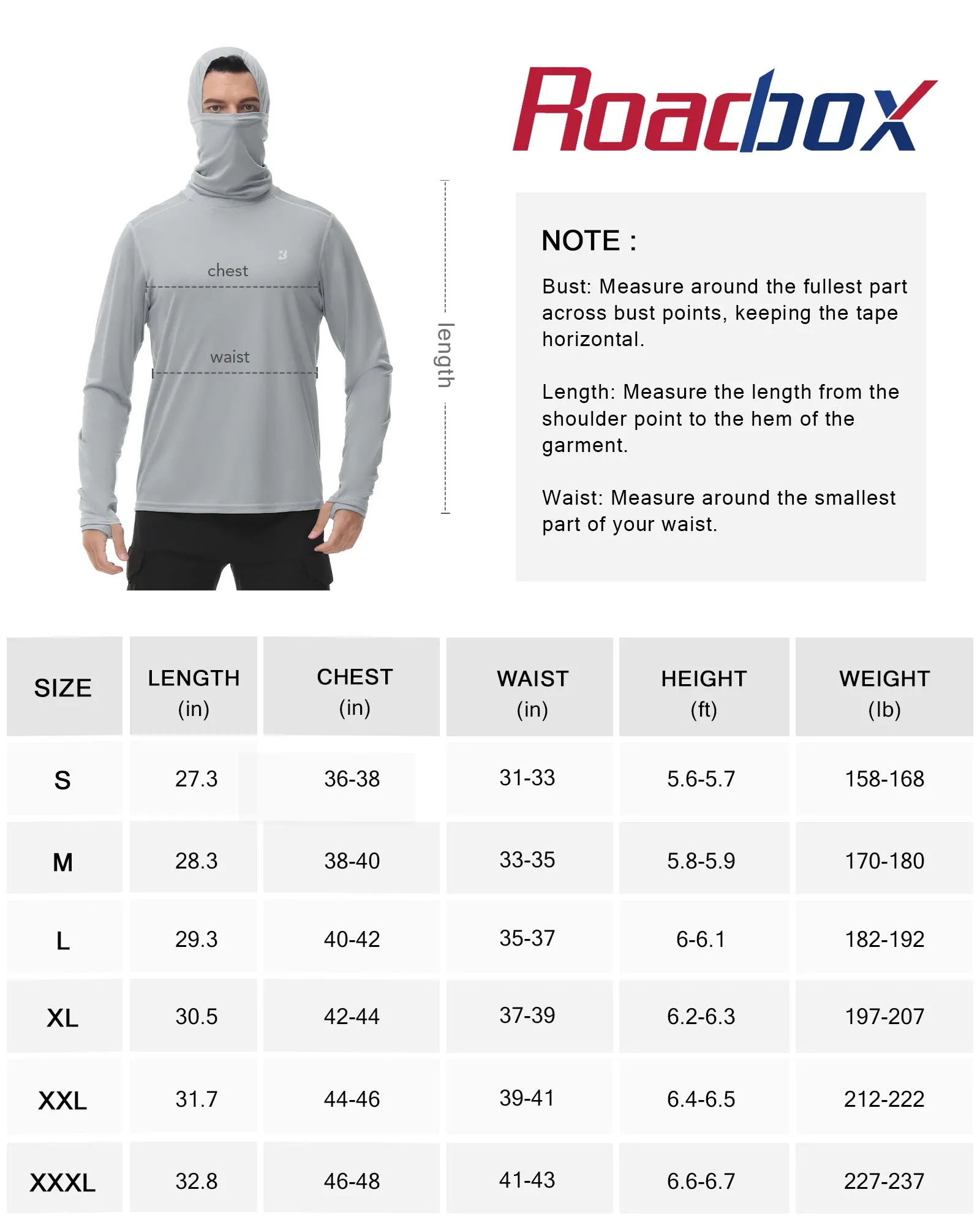 Roadbox Men's Sun Protection Hoodie Rash Guard Hiking Shirts with Face Mask Lightweight Long Sleeve UV Shirt for Outdoor Workout, Running, Fishing, Hiking