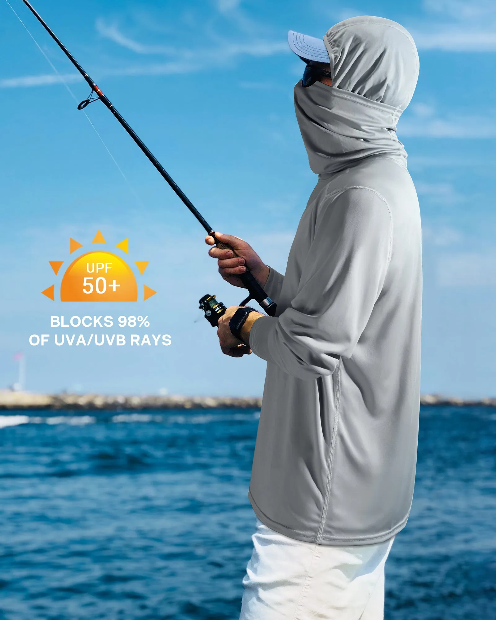 Roadbox Men's Sun Protection Hoodie Rash Guard Hiking Shirts with Face Mask Lightweight Long Sleeve UV Shirt for Outdoor Workout, Running, Fishing, Hiking
