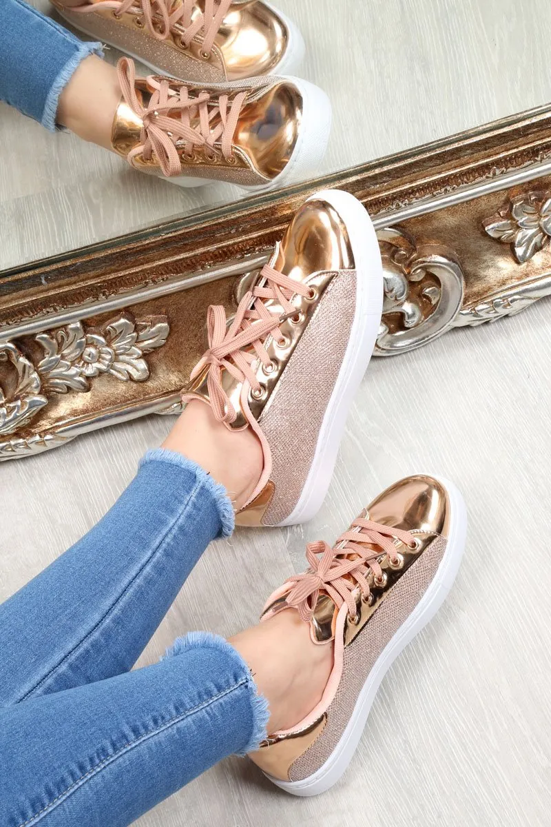 Rose Gold Lace Up Glittery Shiny Trainers - Jessie