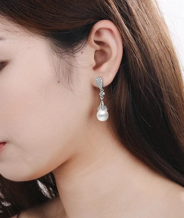 Round Pearl 925 Sterling Silver Post Earrings, Bridal Natural Pearl Earrings, Pearl Dangle Earrings