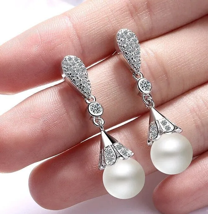 Round Pearl 925 Sterling Silver Post Earrings, Bridal Natural Pearl Earrings, Pearl Dangle Earrings