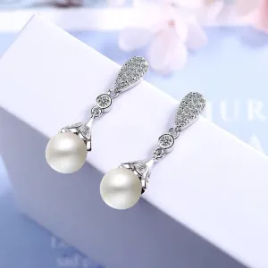 Round Pearl 925 Sterling Silver Post Earrings, Bridal Natural Pearl Earrings, Pearl Dangle Earrings