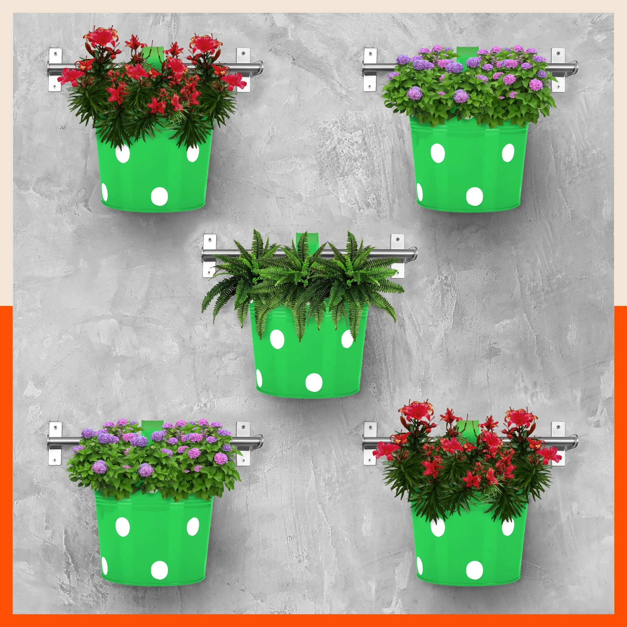 RUI Hanging Metal Pot Holders / Planters for Home / Balcony / Garden | Green - Set of 5