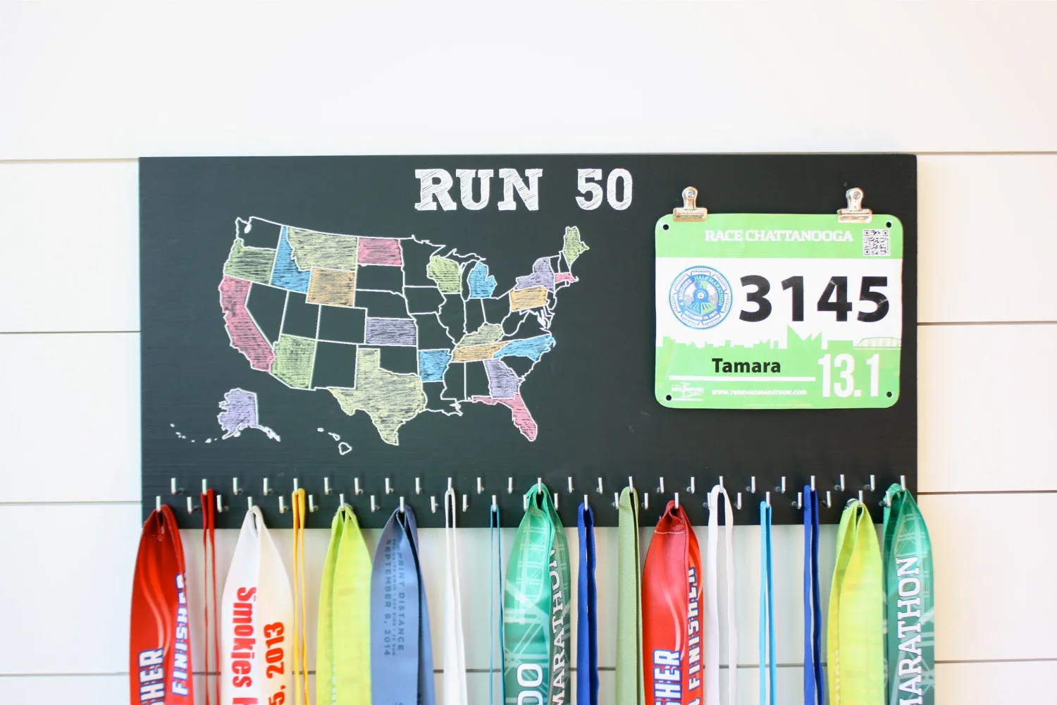 Run 50 States Medal Holder with race bib clips and 50 hooks  *** Chalkboard***