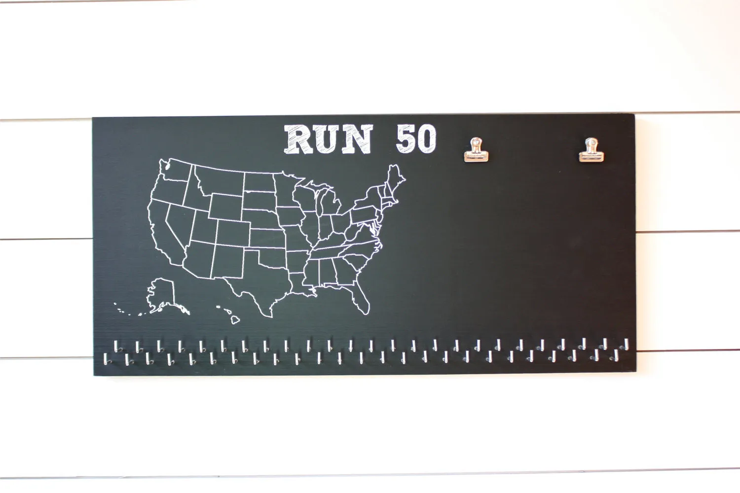 Run 50 States Medal Holder with race bib clips and 50 hooks  *** Chalkboard***