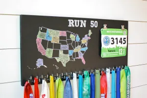 Run 50 States Medal Holder with race bib clips and 50 hooks  *** Chalkboard***