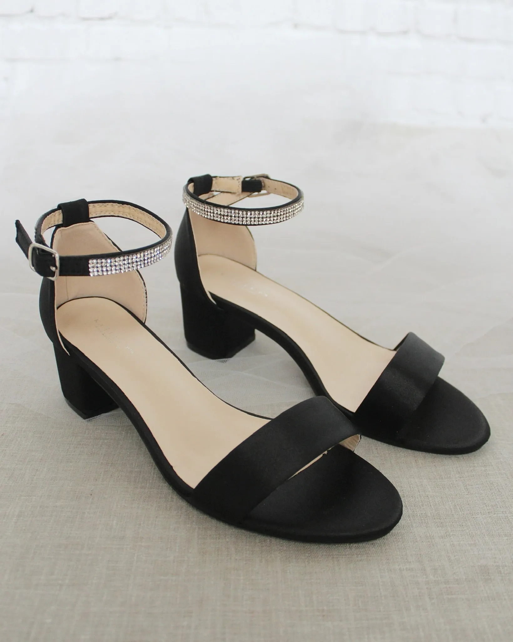 Satin Block Heel Sandals with Mini Rhinestones Embellished Ankle Strap