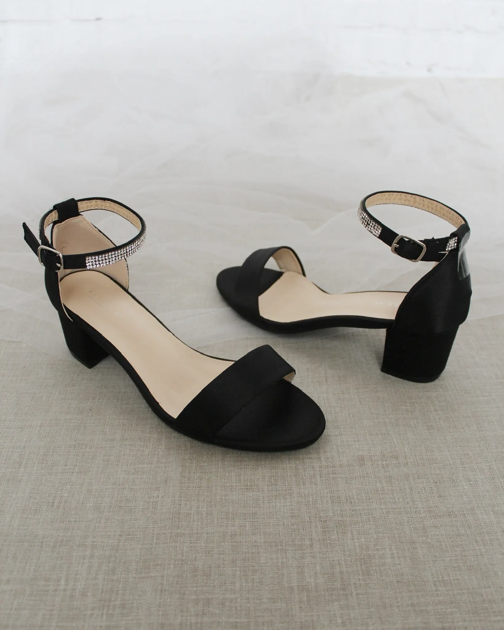 Satin Block Heel Sandals with Mini Rhinestones Embellished Ankle Strap