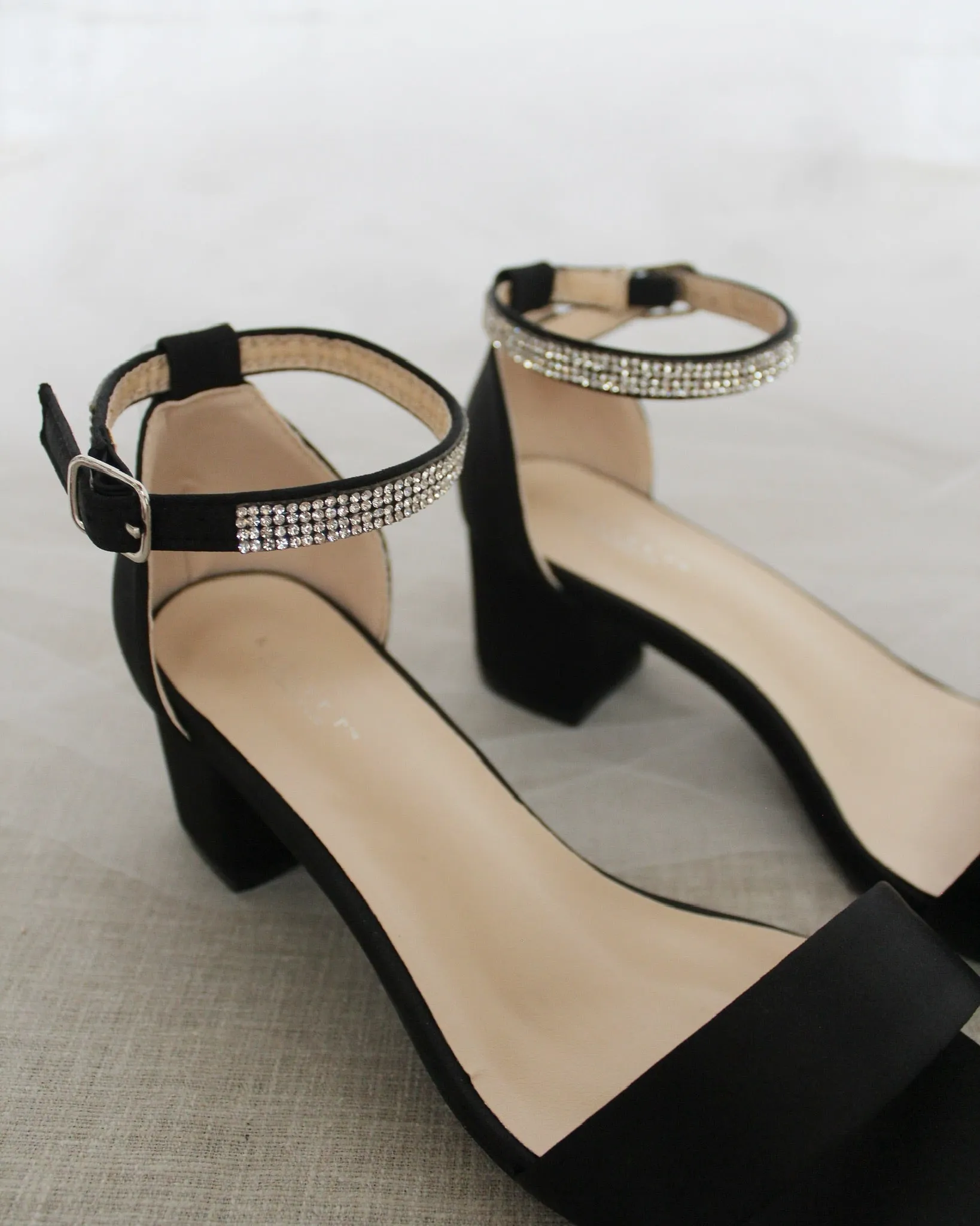 Satin Block Heel Sandals with Mini Rhinestones Embellished Ankle Strap