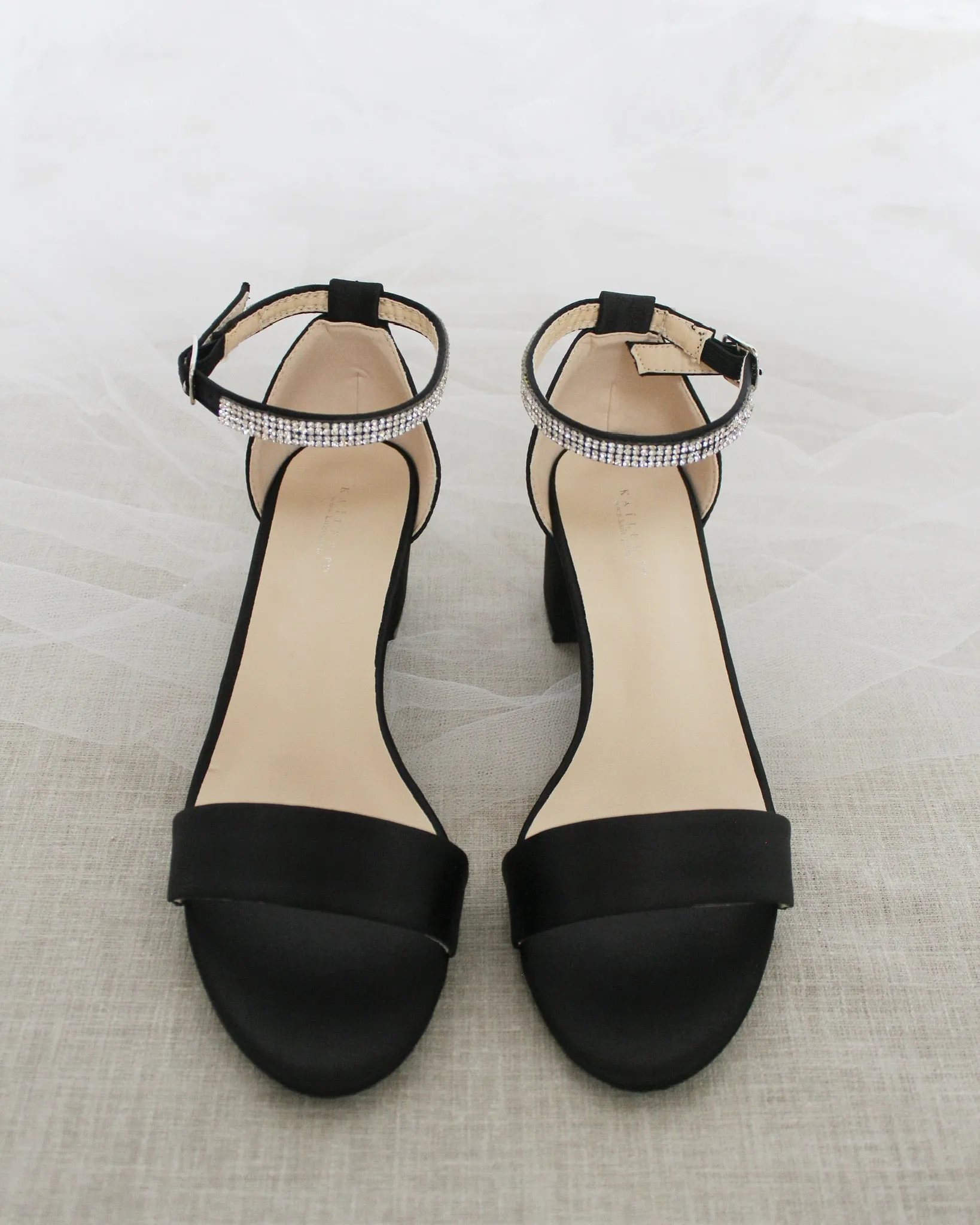 Satin Block Heel Sandals with Mini Rhinestones Embellished Ankle Strap