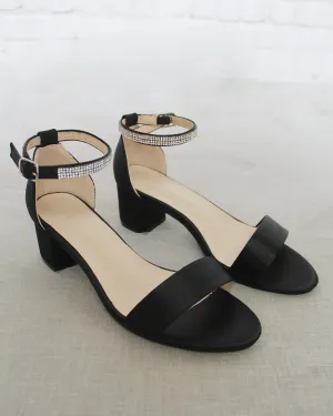 Satin Block Heel Sandals with Mini Rhinestones Embellished Ankle Strap