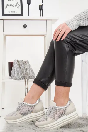 Silver Glitter Mesh Lace Up Platform Trainers - Hennie
