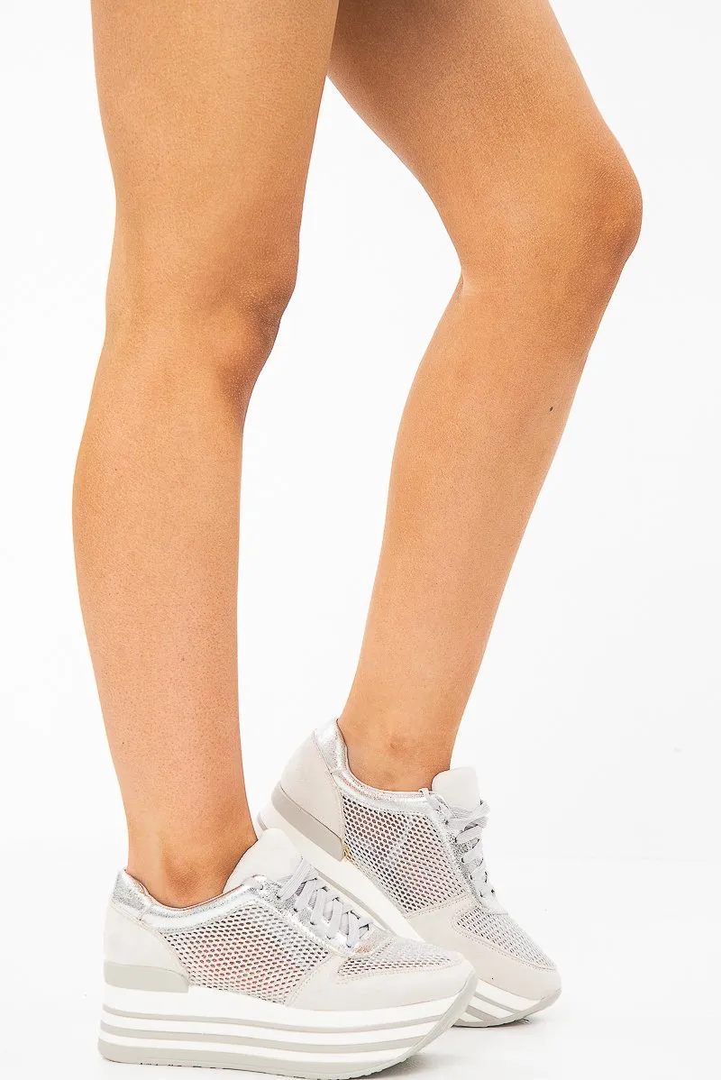 Silver Glitter Mesh Lace Up Platform Trainers - Hennie