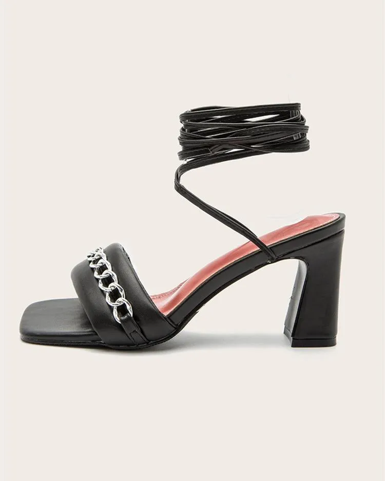 Square Toe Chain Strap Sandals - Black