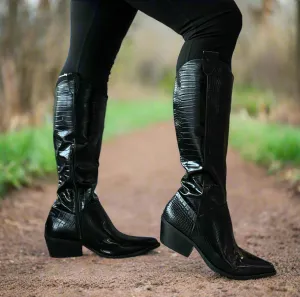 VANESSA-05 Black Croc Embossed Faux Leather Cowboy Boot - Western Styling - Pointy Toe