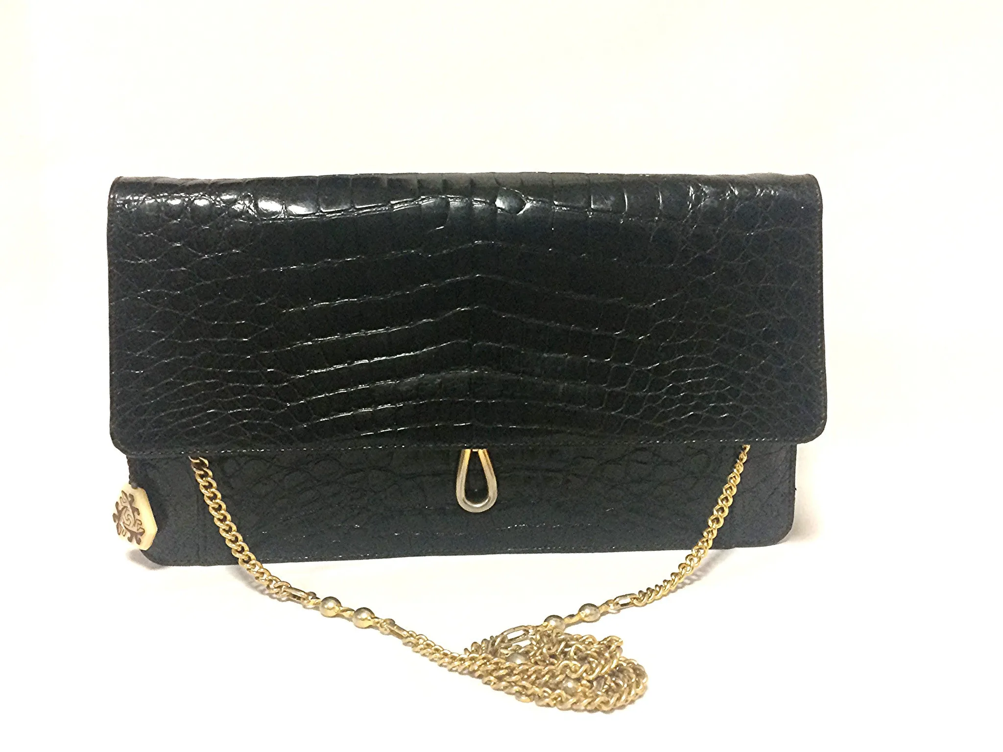 Vintage BALLY genuine black crocodile chain clutch, shoulder bag. Classic purse.
