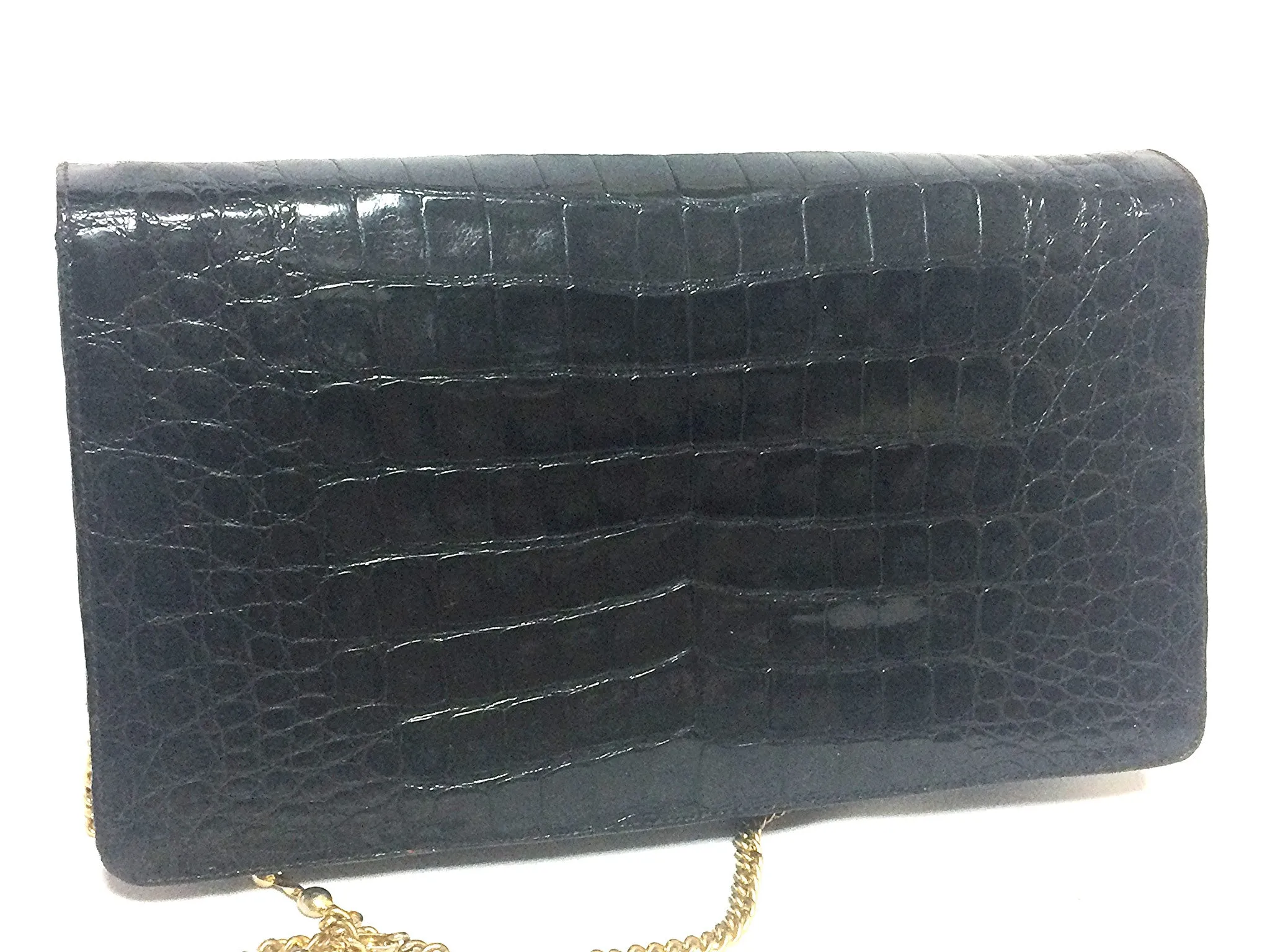 Vintage BALLY genuine black crocodile chain clutch, shoulder bag. Classic purse.