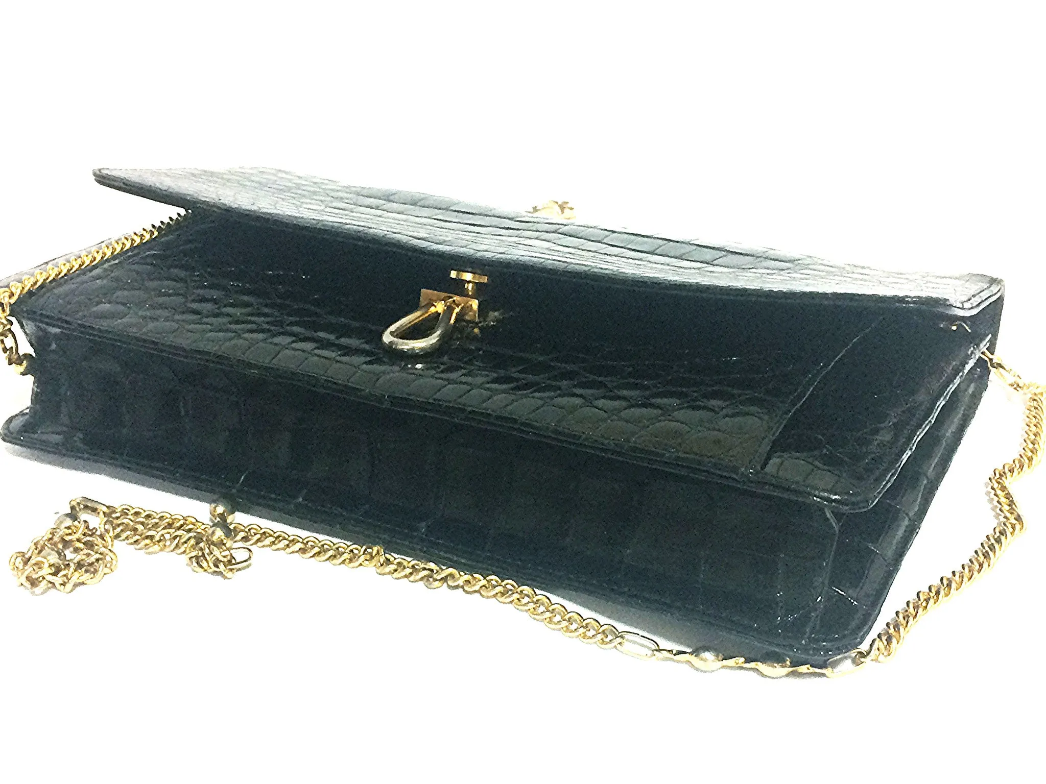 Vintage BALLY genuine black crocodile chain clutch, shoulder bag. Classic purse.