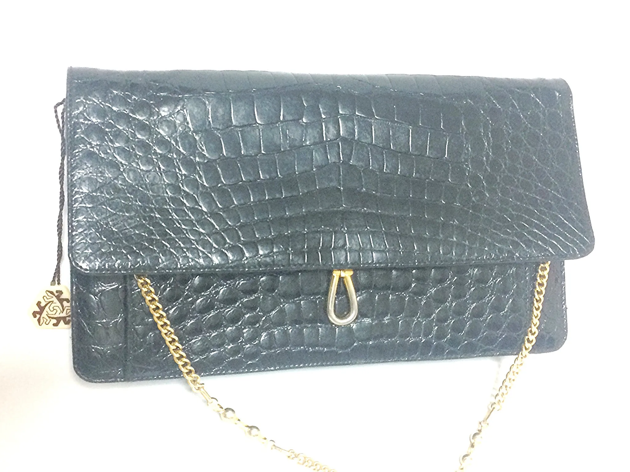 Vintage BALLY genuine black crocodile chain clutch, shoulder bag. Classic purse.