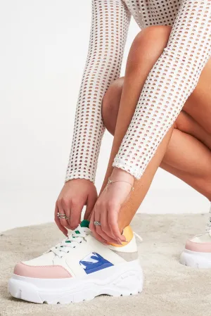 White and Multi Colourblock Chunky Sole Trainers - Layla