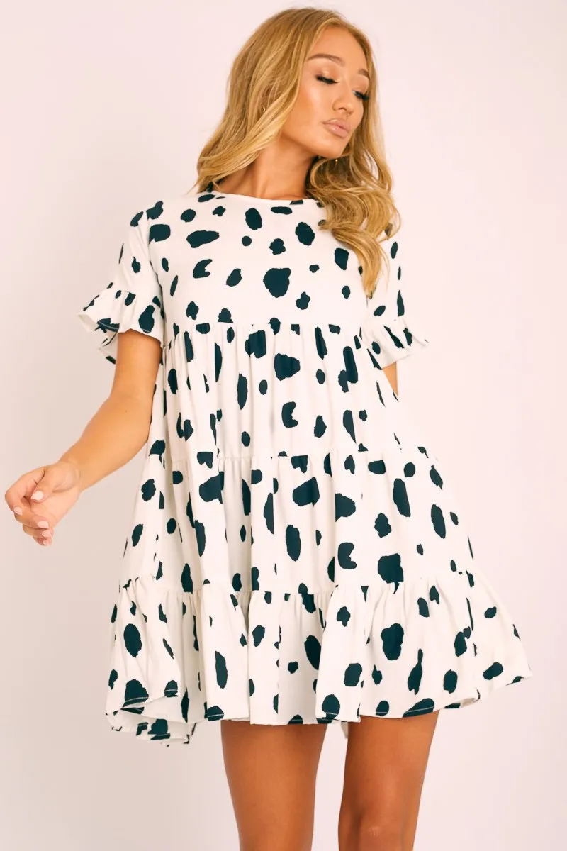 White Black Cow Print Tiered Smock Dress - Makensi