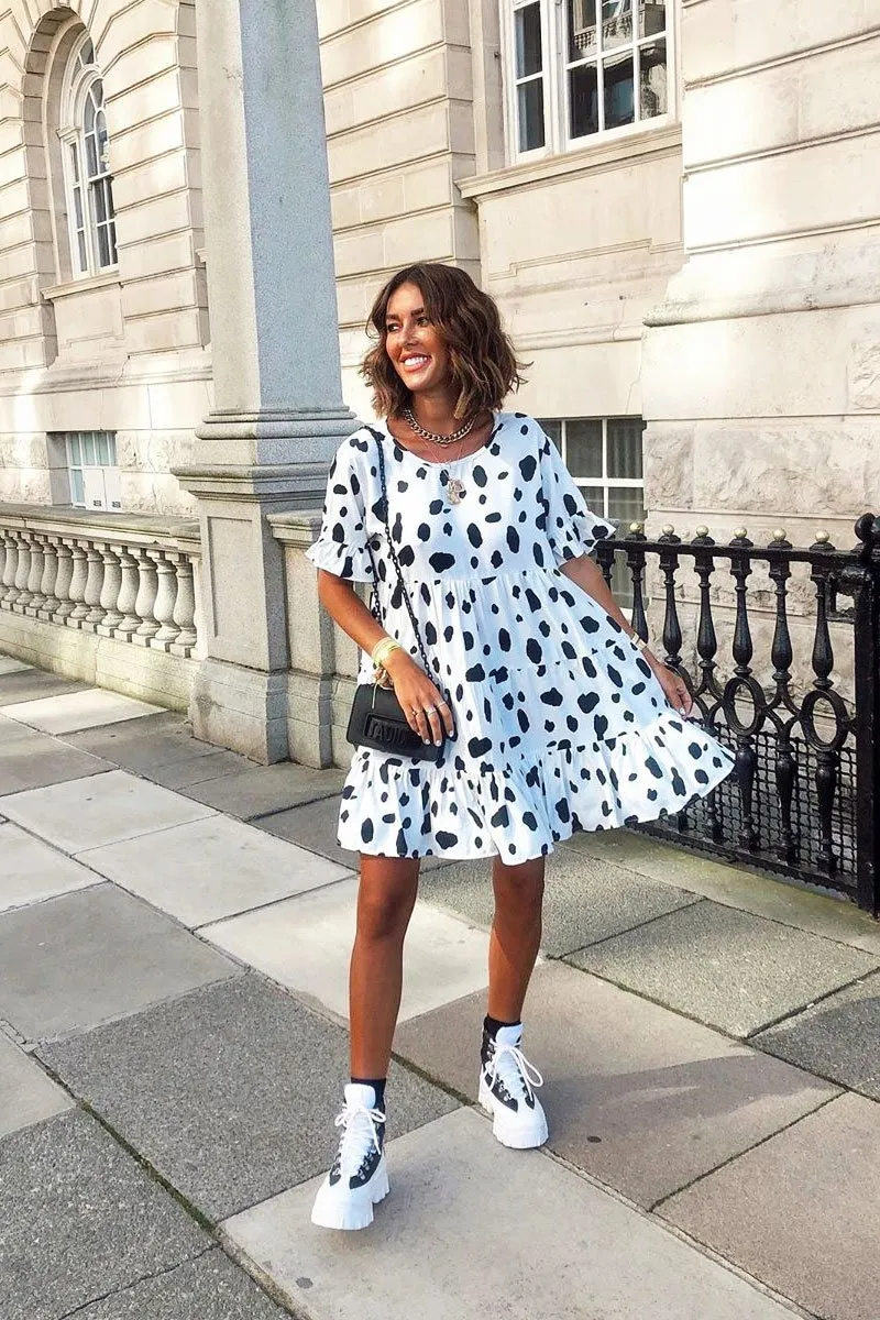 White Black Cow Print Tiered Smock Dress - Makensi