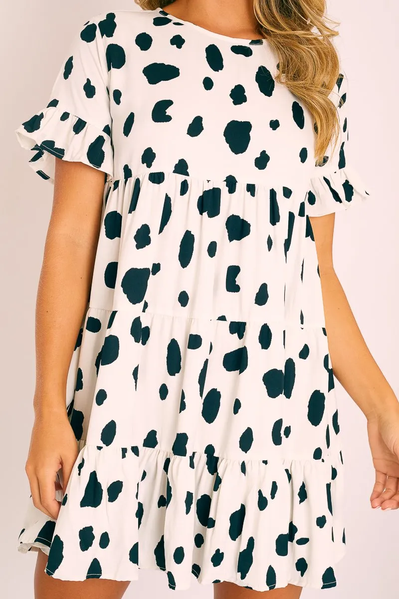 White Black Cow Print Tiered Smock Dress - Makensi