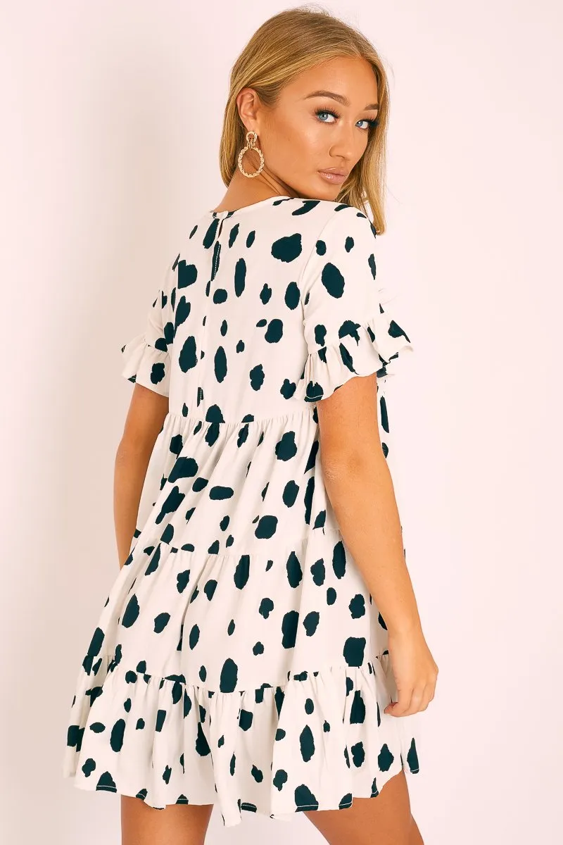 White Black Cow Print Tiered Smock Dress - Makensi