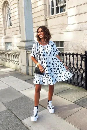 White Black Cow Print Tiered Smock Dress - Makensi