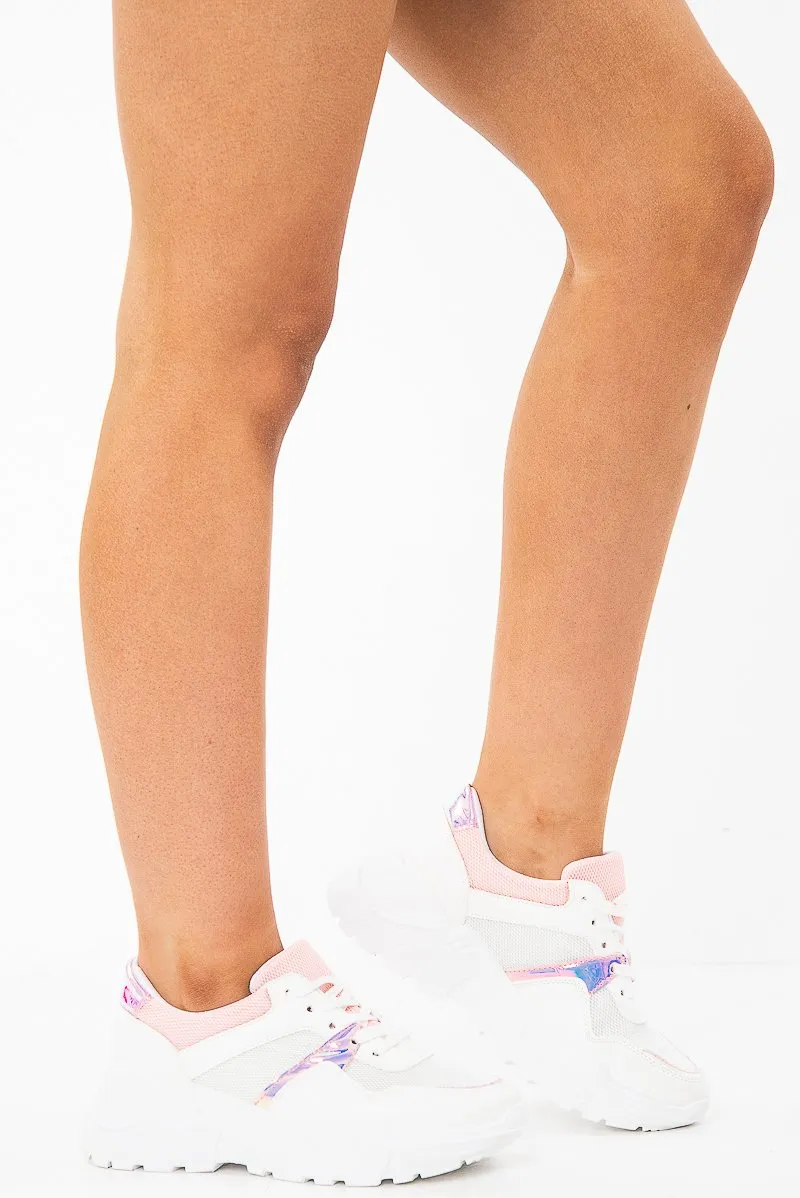 White Pink Cleated Sole Lace Up Chunky Trainers - Gradie