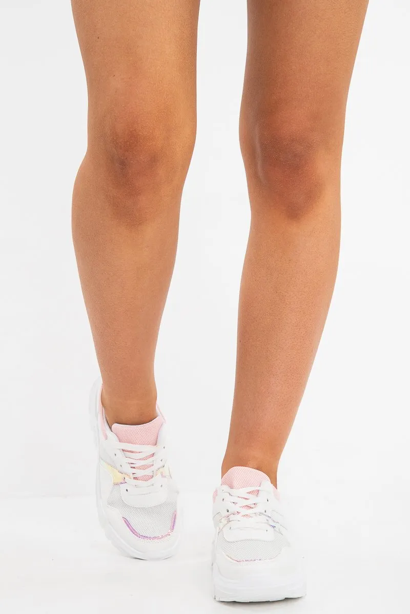 White Pink Cleated Sole Lace Up Chunky Trainers - Gradie