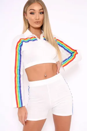 White Rainbow Stripe Collard Crop Top - Hinda