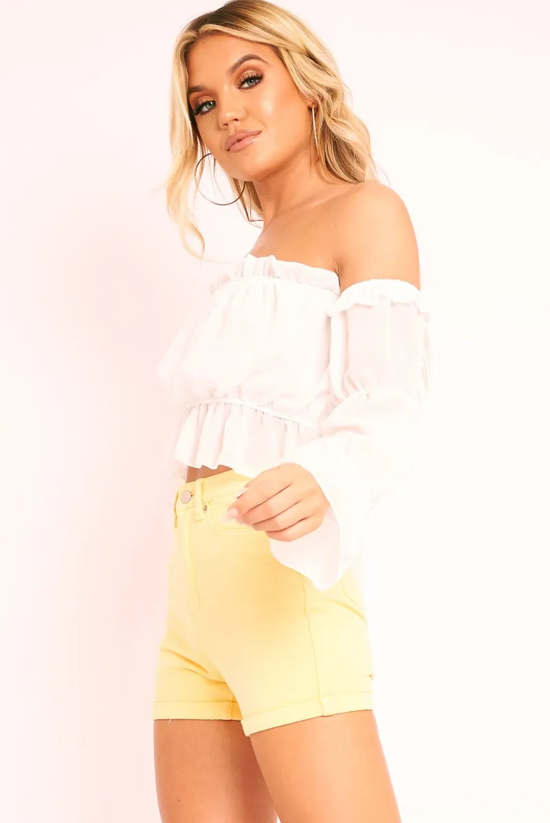 White Ruffle Bardot Crop Top - Aagna