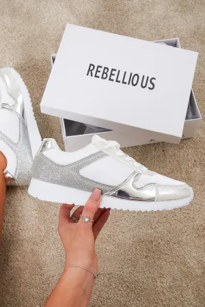 White Silver Velvet Glitter Lace Up Trainers - Taia