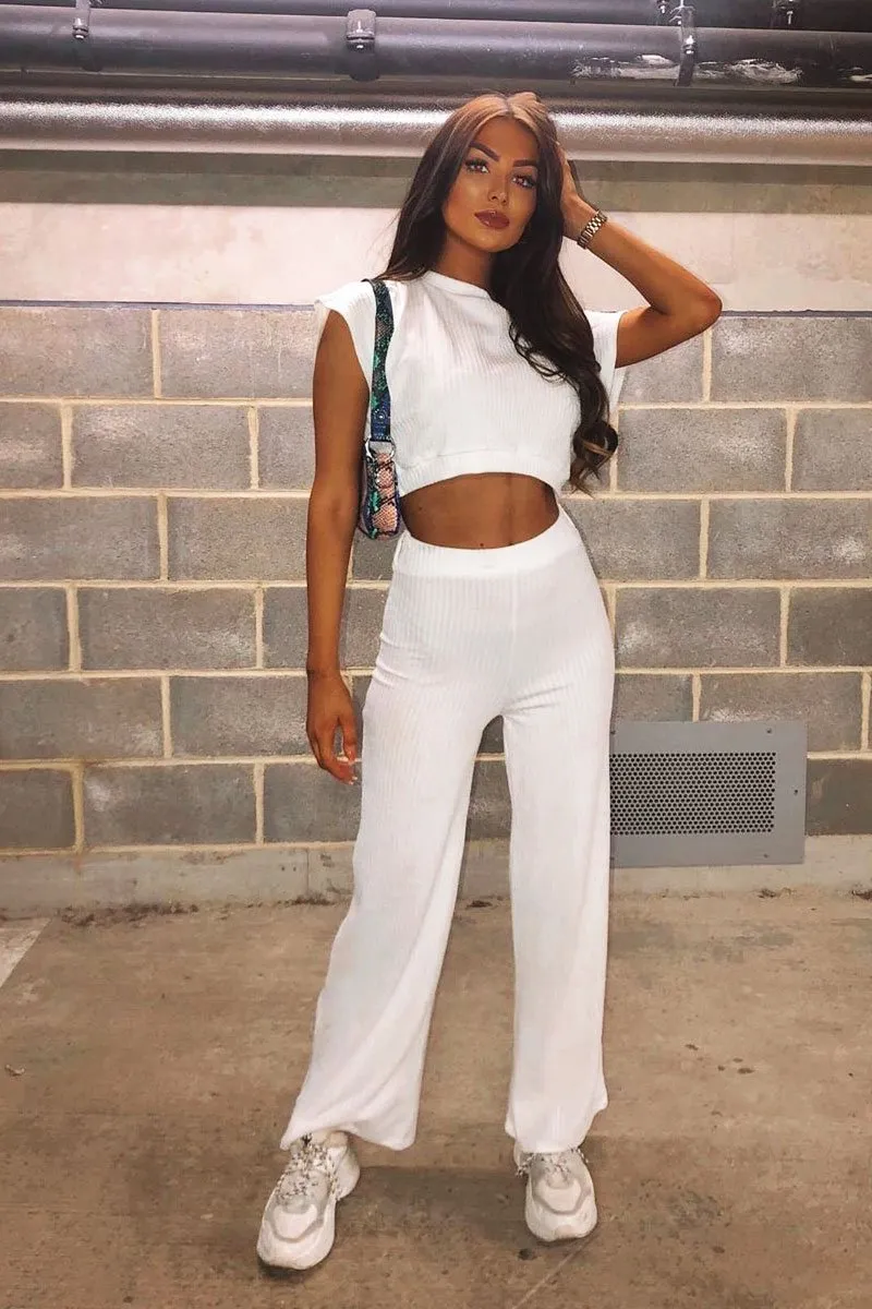White Wide Leg Ribbed Crop Top Loungewear Co-ord - Cesilia