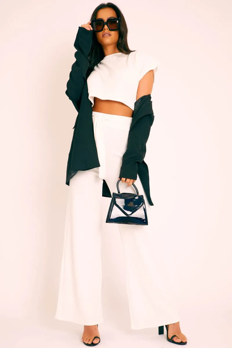 White Wide Leg Ribbed Crop Top Loungewear Co-ord - Cesilia