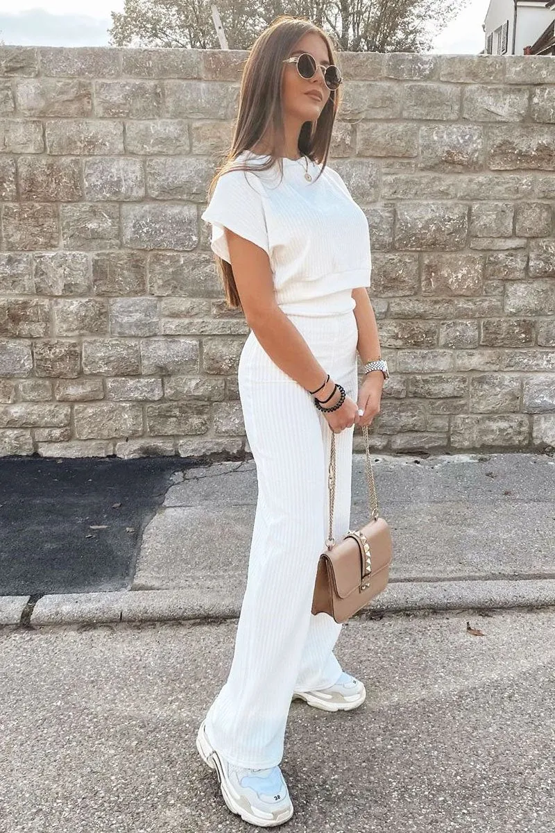 White Wide Leg Ribbed Crop Top Loungewear Co-ord - Cesilia