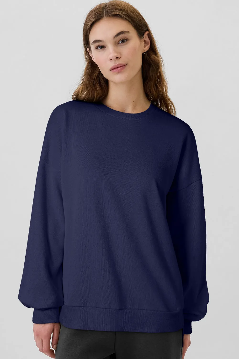 Womens Navy Fleece Lined Drop Shoulder Top