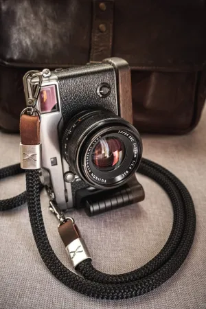 X  Black - Dark Brown Leather Camera Strap - Silver X