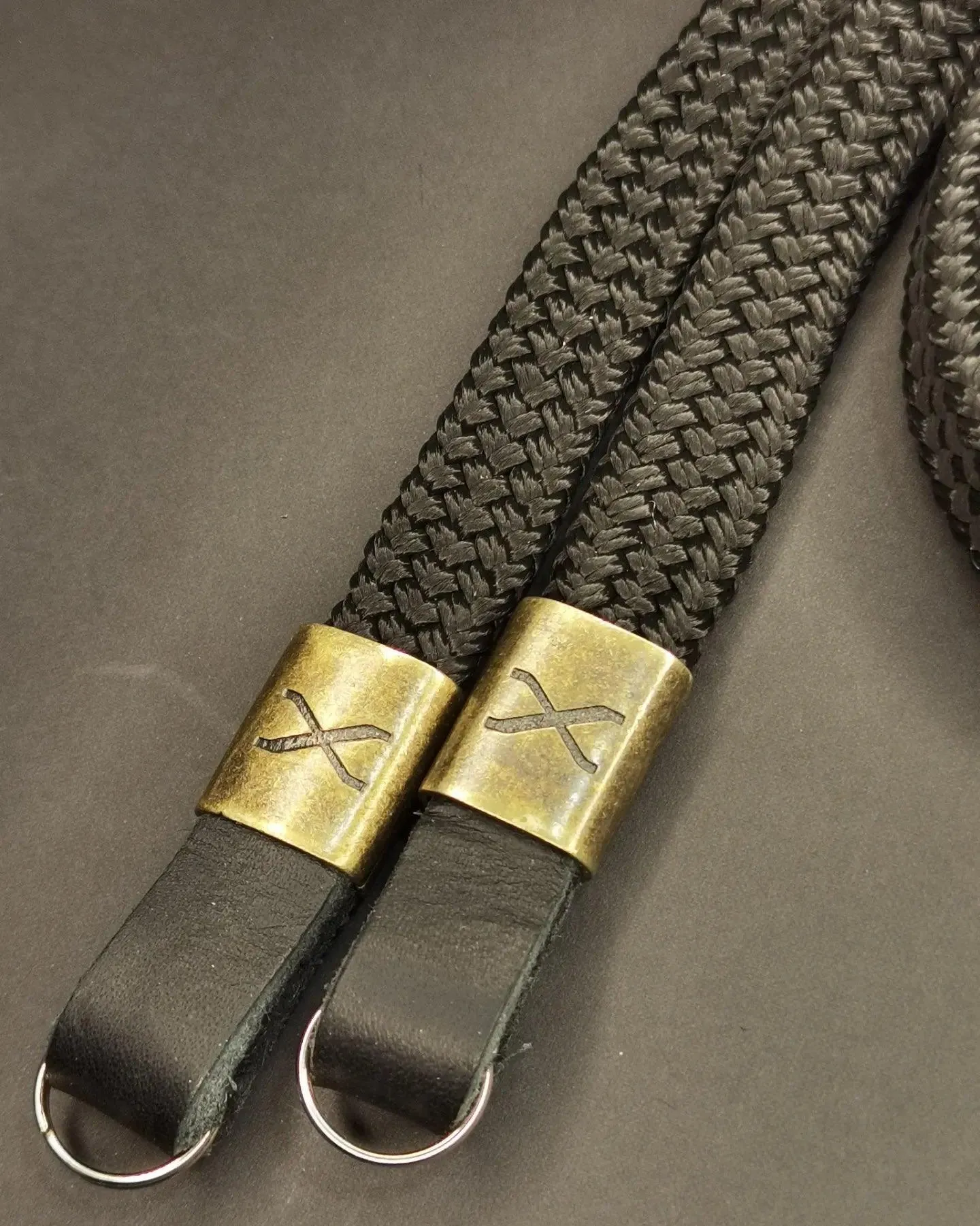 X  Black Flat Rope -Black Leather Camera Strap - Bronze X