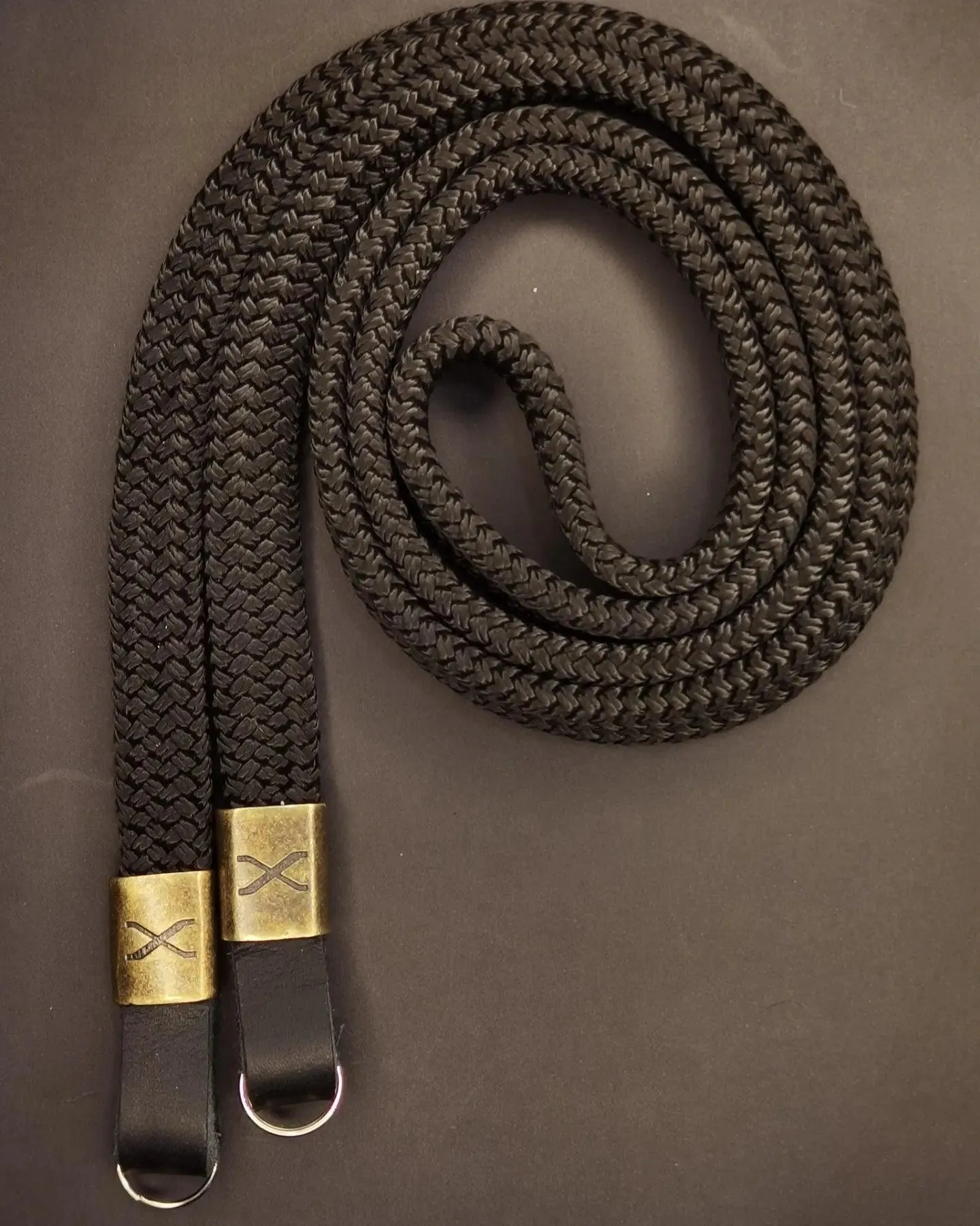 X  Black Flat Rope -Black Leather Camera Strap - Bronze X
