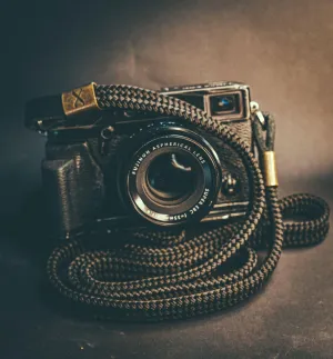 X  Black Flat Rope -Black Leather Camera Strap - Bronze X