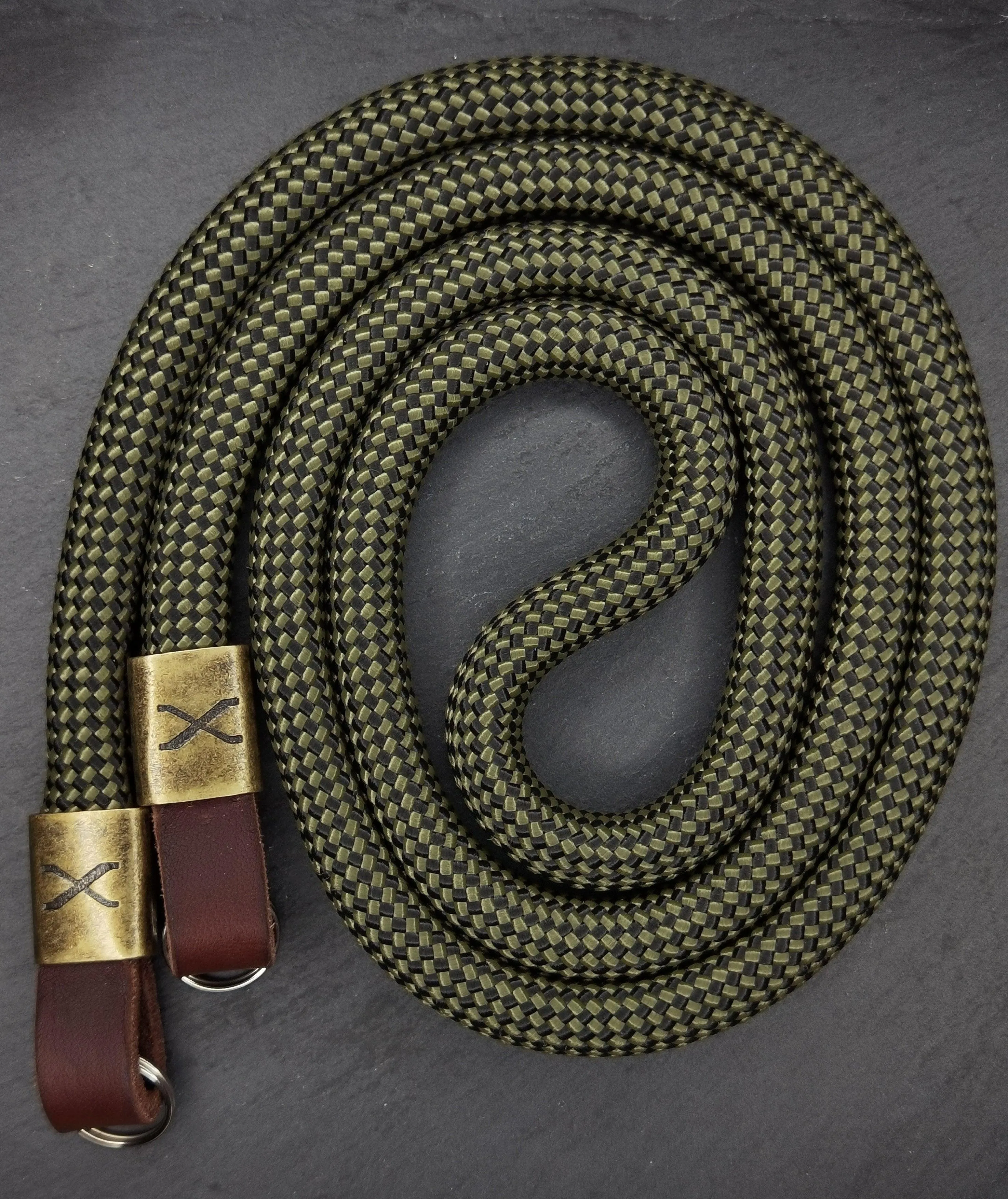 X  Checkered Olive/Black Rope -Dark Brown Leather Camera Strap - Bronze X