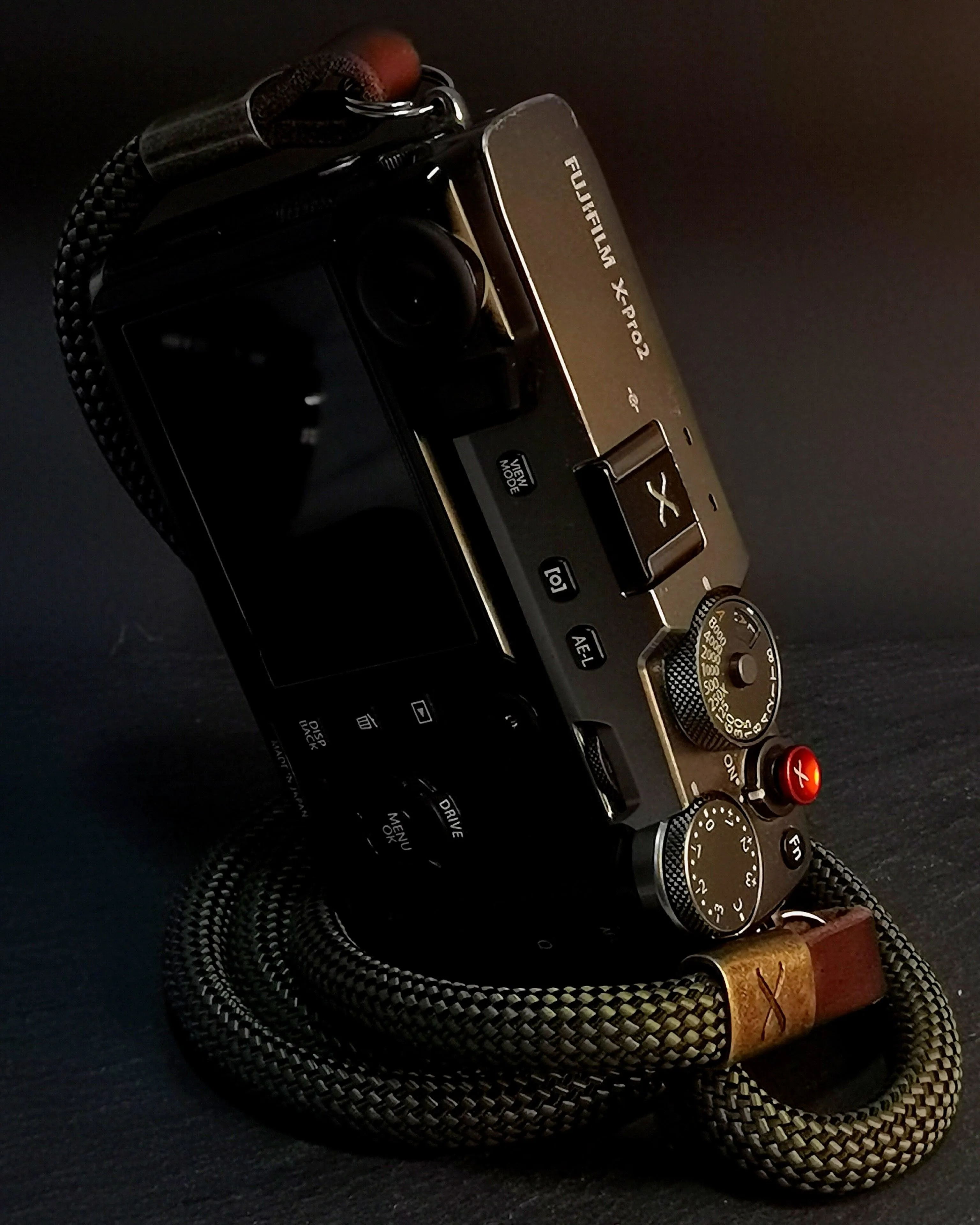 X  Checkered Olive/Black Rope -Dark Brown Leather Camera Strap - Bronze X