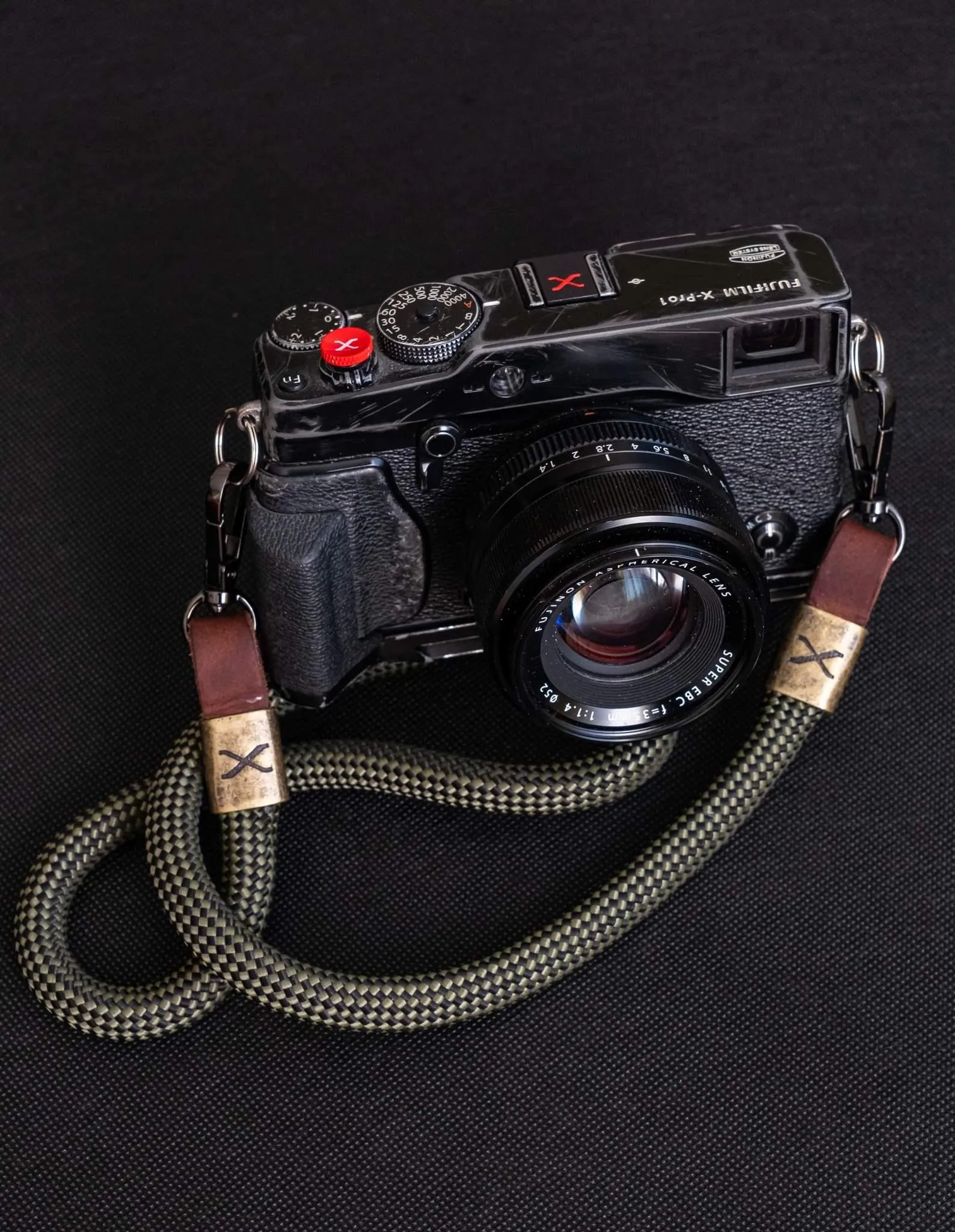X  Checkered Olive/Black Rope -Dark Brown Leather Camera Strap - Bronze X