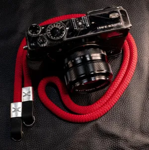 X  Red Rope - Black Leather Camera Strap - Silver X