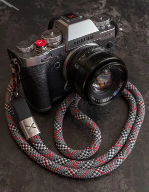 X  Tartan Grey - Black Leather Camera Strap - Silver X